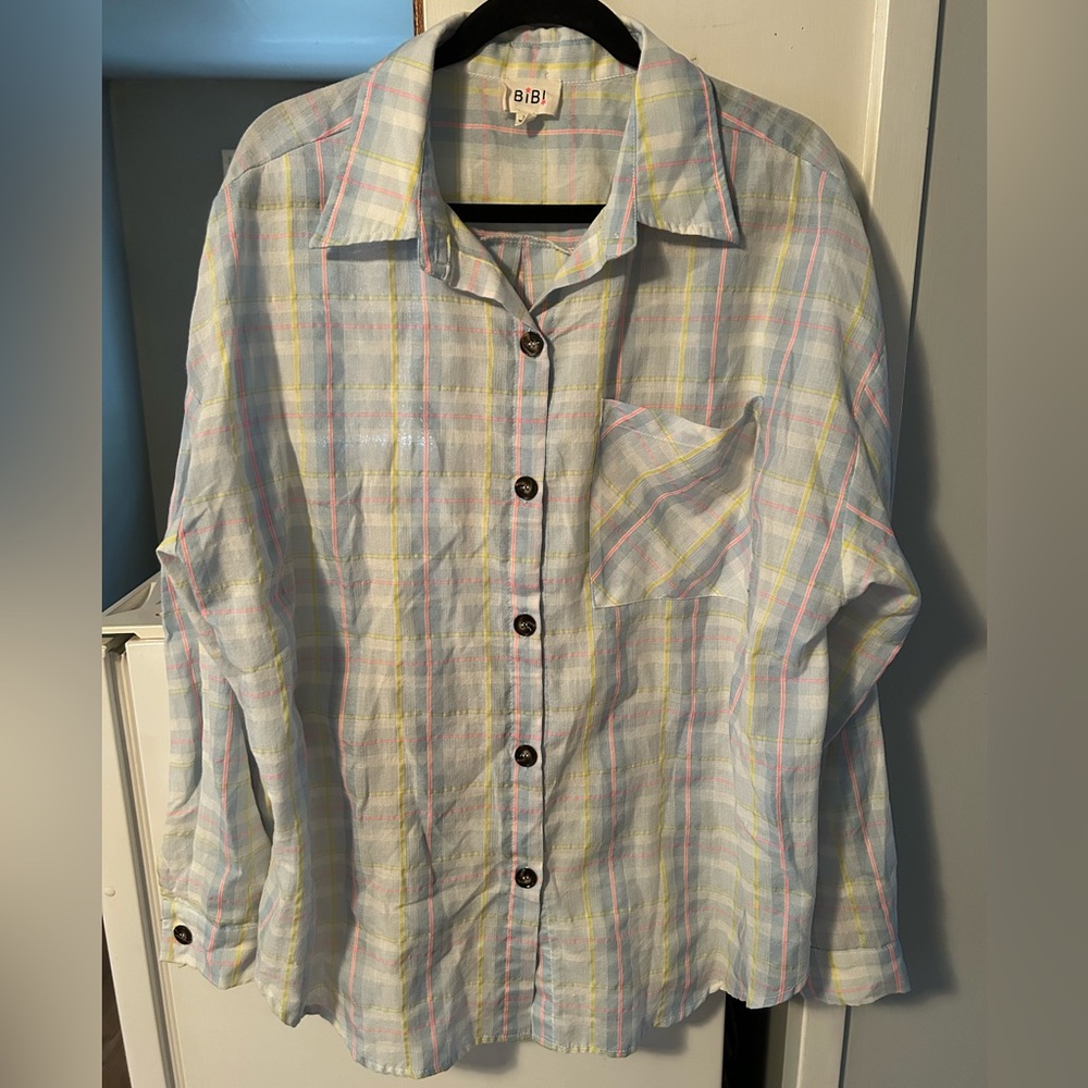 BiBi Pastel Plaid Button-Down Shirt in Light Blue, Pink & Yellow Stripes
